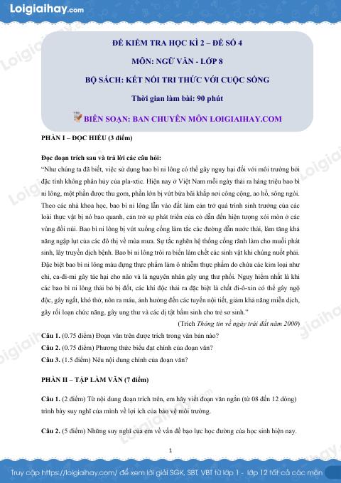 Đề thi học kì 2 Văn 8 Kết nối tri thức - Đề số 4